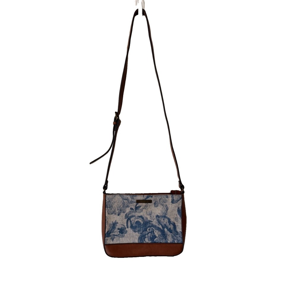 Frye and Co.  Floral Crossbody Bag Blue White Canvas Brown Shoulder Purse‎
